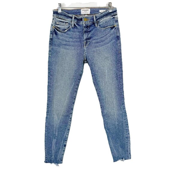 Frame Le Skinny de Jeanne Fray Hem Stiletto Jeans Dupont Wash Skinny Size 29 EUC - Picture 2 of 13